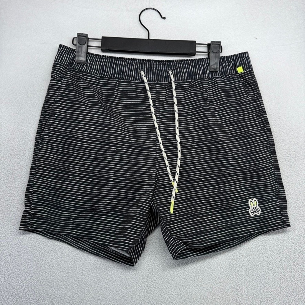 Psycho Bunny Swim Shorts Mens XS Black Striped Trunks Beach Pool Casual Logo